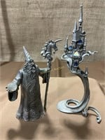 Pewter figurines, castle and wizard