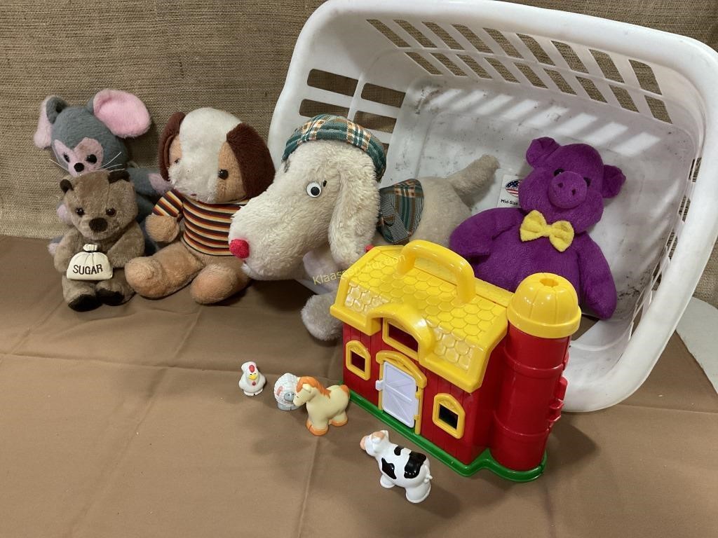 Stuffies, Blue Box barn, laundry basket