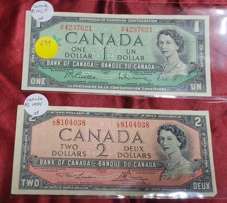 CANADA 1967 $1, 1954 $2 PAPER NOTES