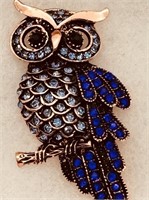Lg Owl Brooch w/ Sapphire Blue Stones