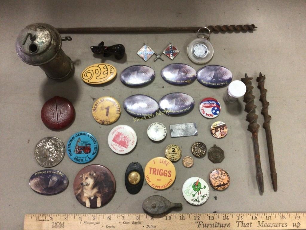 Vintage collectible button pins, drill bits