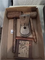 Early wood mouse trap, wood mallets, etc.