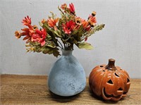 DECOR Blue Vase + Orange Flowers + Candle PUMPKIN