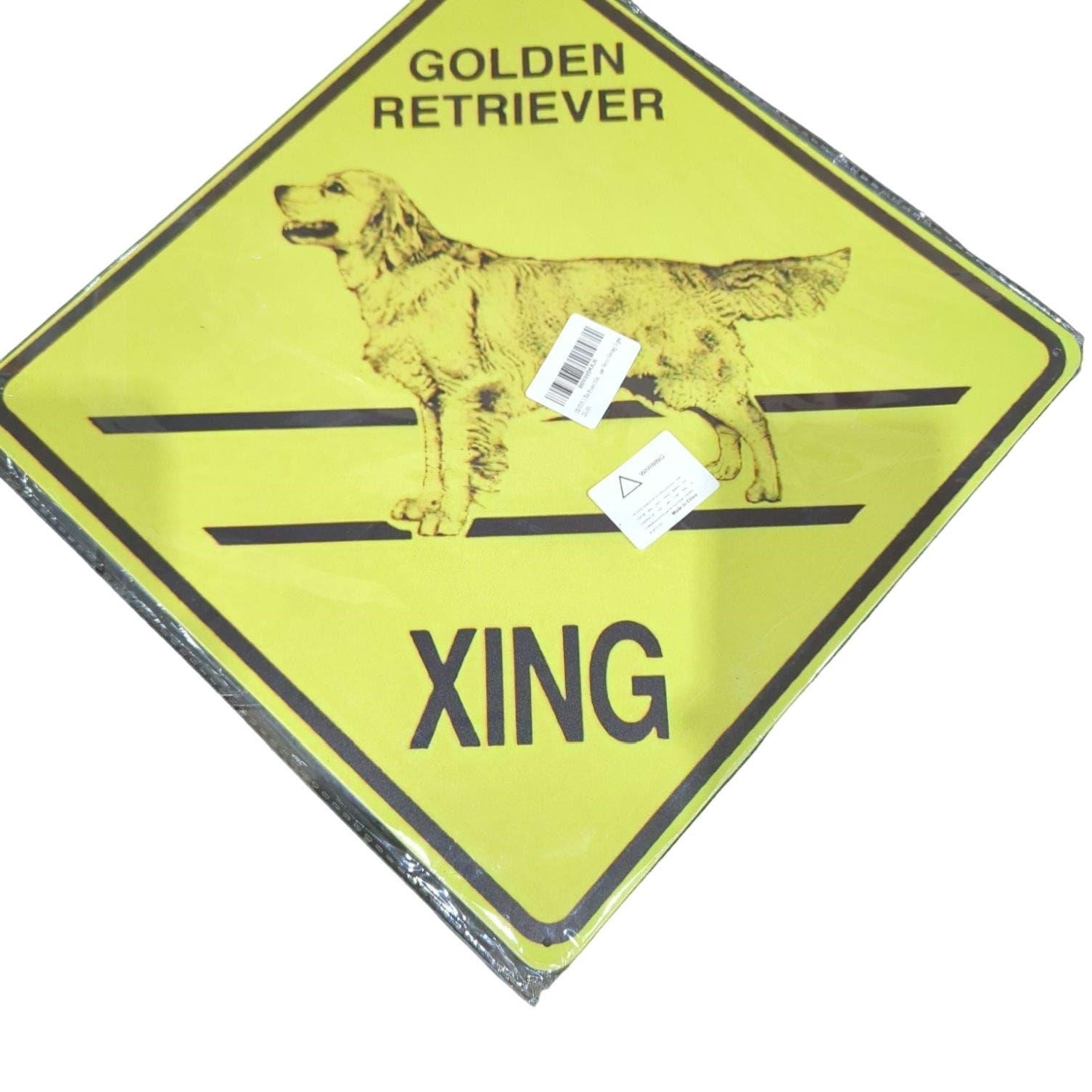 Golden retriever crossing tin sign