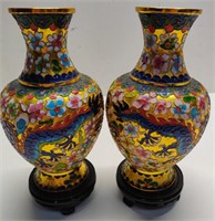 Pair 8" Champleve Vases w/ Stands