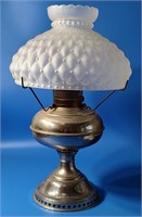 Antique Oil Lamp w/Quilted Pattern Glass Shade