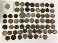 Coins mostly buffalo head nickels in wood case