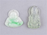 Chinese Fine Green Jade Carved Buddha Pendants 2pc