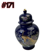 Cobalt Blue Temple Jar with Gold Peacocks