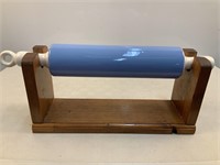 Blue & White Pottery Rolling Pin on Wood Stand