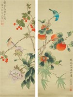 2 Chinese Watercolor Silk Signed Wang Jin w/Seals