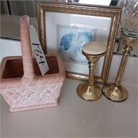ANGEL PRINT, 2 BRASS CANDLE HOLDERS, FTD POTTERY