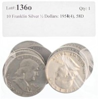 10 Franklin Silver ½ Dollars: 1951(4), 58D (3),