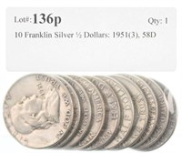 10 Franklin Silver ½ Dollars: 1951(3), 58D (3),