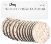 12 Franklin Silver ½ Dollars: 1951(6), 58D(2)