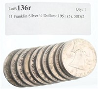 11 Franklin Silver ½ Dollars: 1951 (5), 58D(2