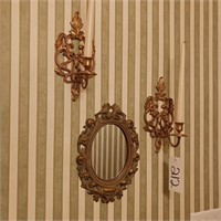 PAIR OF WALL SCONCE, MIRROR, PAIR OF PRINTS