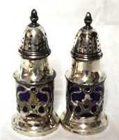Silver Plated Salt & Pepper Shakers w/ blue glass