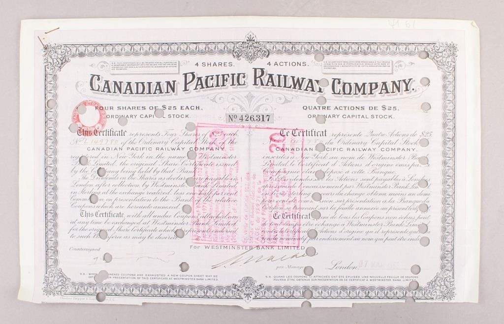 1971 Canadian Pacific Railway Company $25 Stock