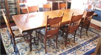 Large Dining Table w/ 8 Oak Spindle Chairs