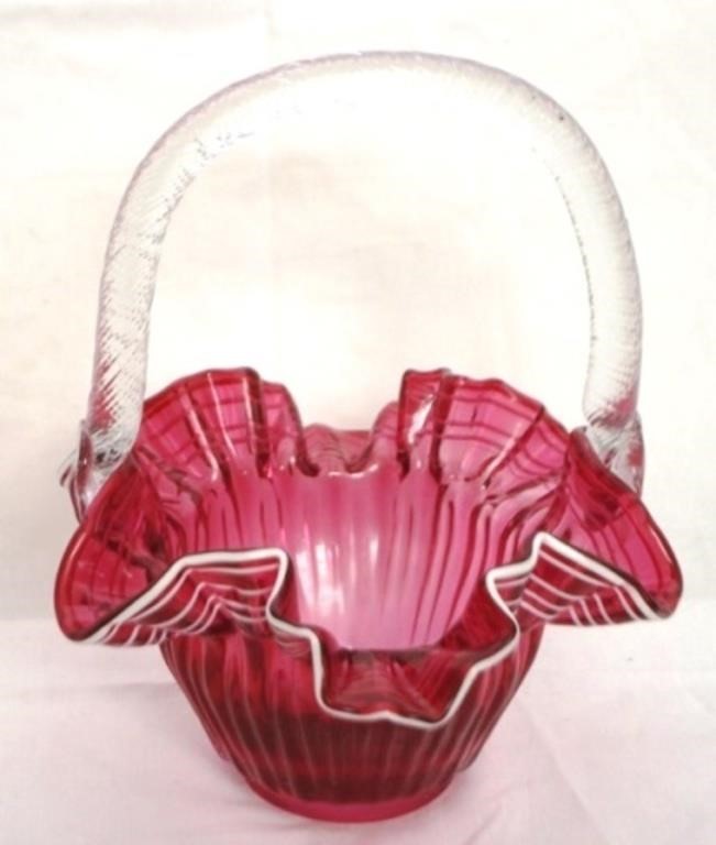 Cranberry Art Glass Basket - 7 x 9