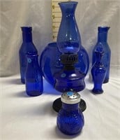 Blue Glassware: Oil Lamp, Cruet, Vases