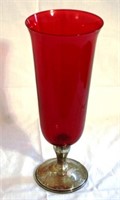 Gorham Sterling Base Red Glass Vase - 11" tall
