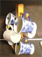 Blue & White Coffee Mugs w/ holder