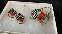 Whimsical Beetle Brooch and Earrings, Signed