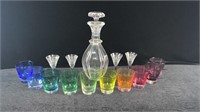 Hawkes Glass Decanter, Cordials, Rainbow Tumblers