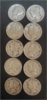 (9) 1943 (1)1945 Mercury Dimes No Mint Mark
