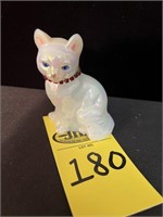 Fenton White Iridescent Milk Glass Mini Cat