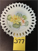 Hand Painted Reticulated Milk Glass Plate With