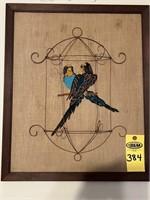 Sewn Parakeets In Wire Cage Wall Art 23" X 20"