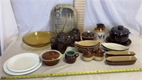 Brown Clay Pieces, Corelle Plates, Glass Bowl