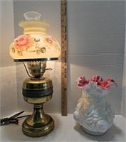 Vintage Lamp & Fenton Puffy Rose Cranberry Vase