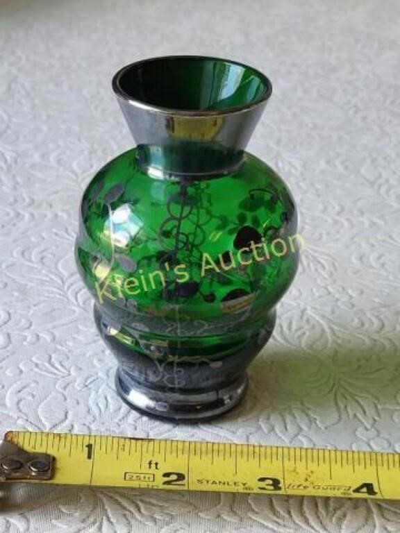 antique emerald glass vase w/ applied sterling