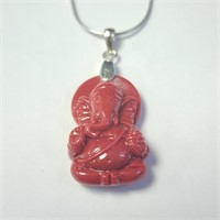 $160 Silver Poly Coral Ganesh 16" Necklace