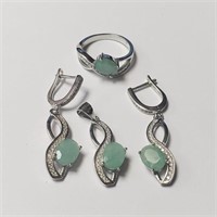 $600 Silver Emerald Ring Earring And Pendant(6.4ct