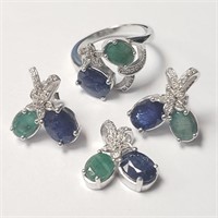 $640 Silver Sapphire And Emerald Ring Earring And