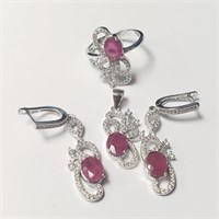$600 Silver Ruby Ring Earring And Pendant(6ct) Set