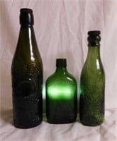 3 green glass blob top bottles: M.A.S. and Company