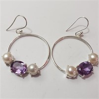 $260 Silver Amethyst Freshwater Pearl Earrings