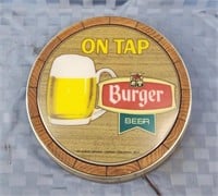 Vintage Burger Beer on Tap bar sign. Metal can.,