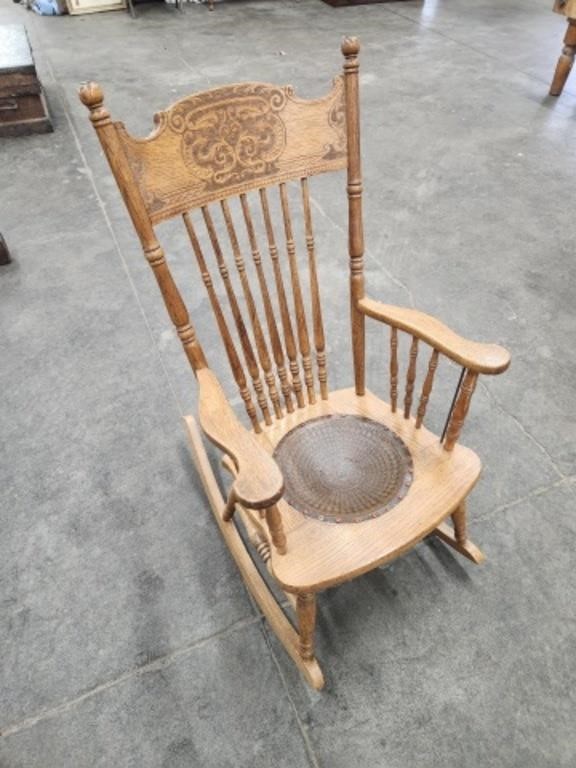 Antique oak press back spindle back racing chair