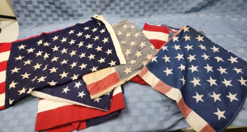6 U.S. flags, camo pants, misc