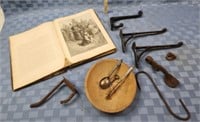 1880 Bible, wooden bowl, harness hooks!
