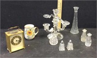 Clock, candle holder, s&p shakers
