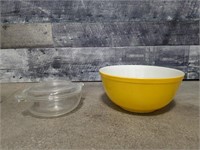 Yellow PYREX bowl, clear PYREX bowl