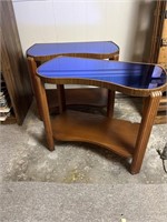 Art Deco kidney shaped side tables with cobalt